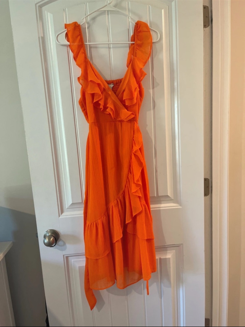 Orange Ruffle Wrap Midi Dress